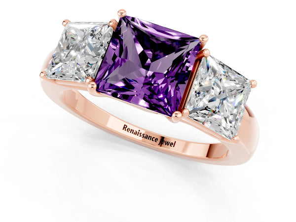 Rose gold Princess Cut Amethyst Three-Stone Ring with Four-Prong Setting and Classic Band