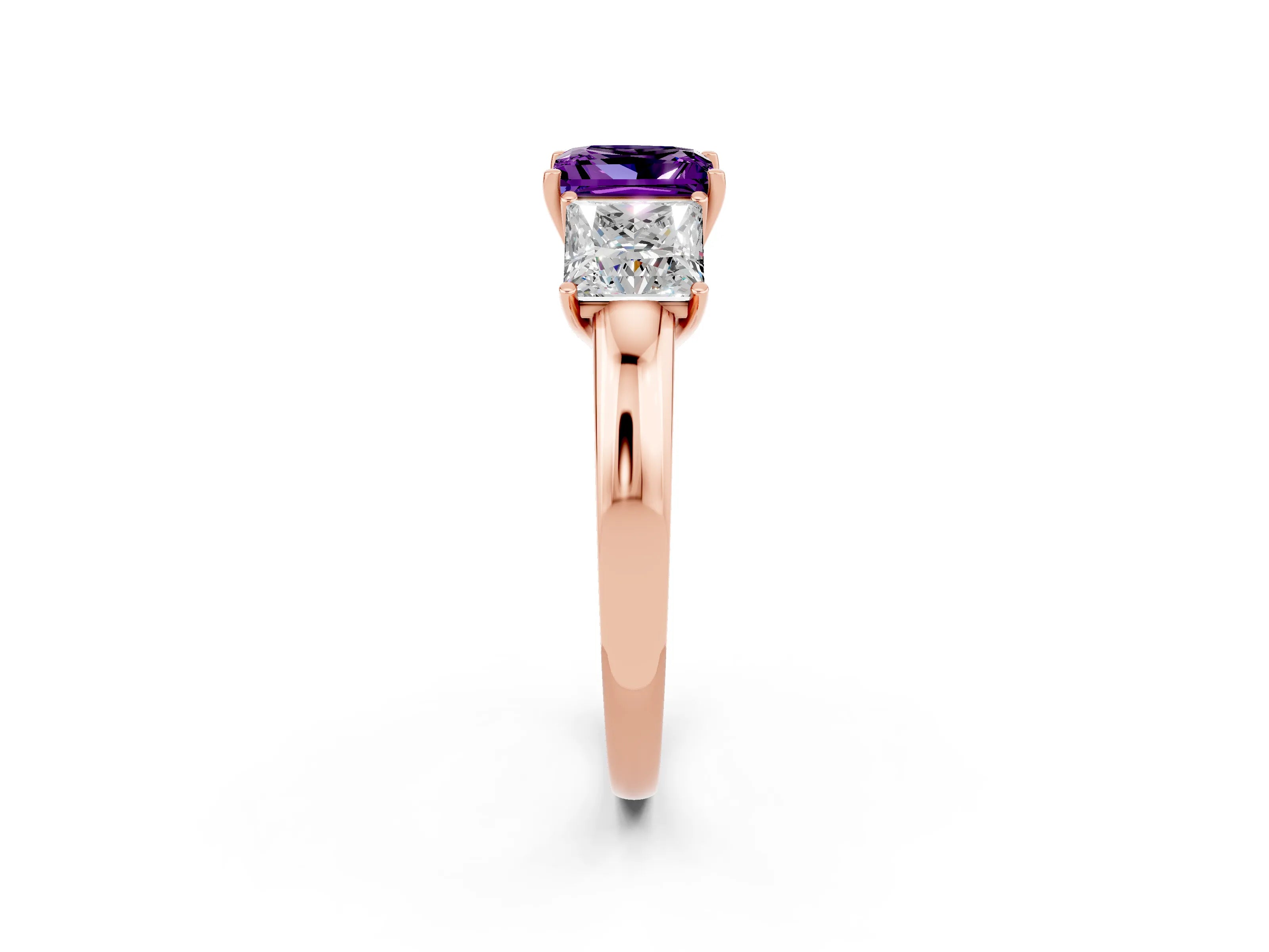 Rose gold Princess Cut Amethyst Three-Stone Ring with Four-Prong Setting and Classic Band_2