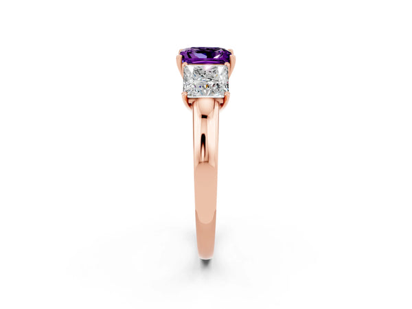 Rose gold Princess Cut Amethyst Three-Stone Ring with Four-Prong Setting and Classic Band