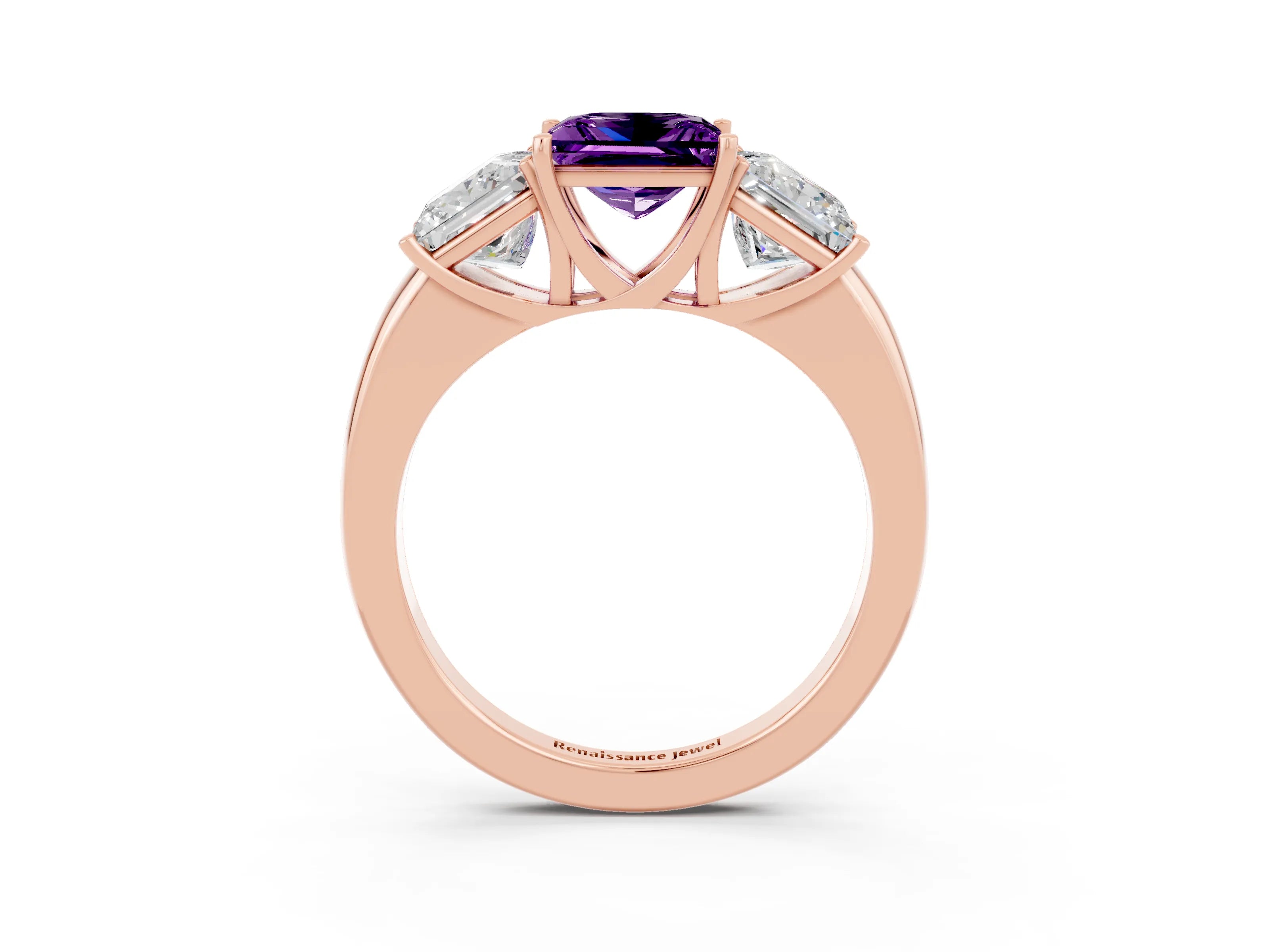 Rose gold Princess Cut Amethyst Three-Stone Ring with Four-Prong Setting and Classic Band_3