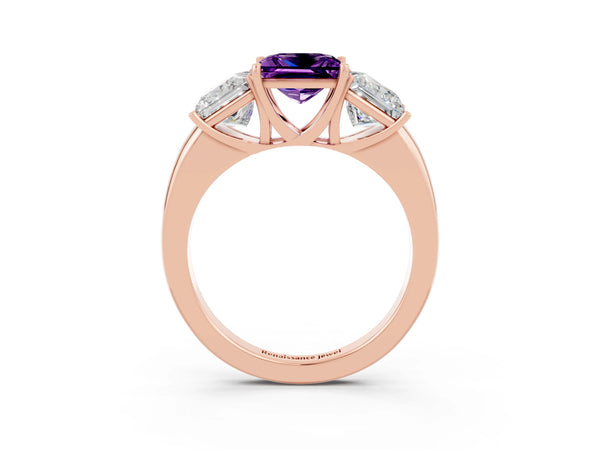 Rose gold Princess Cut Amethyst Three-Stone Ring with Four-Prong Setting and Classic Band