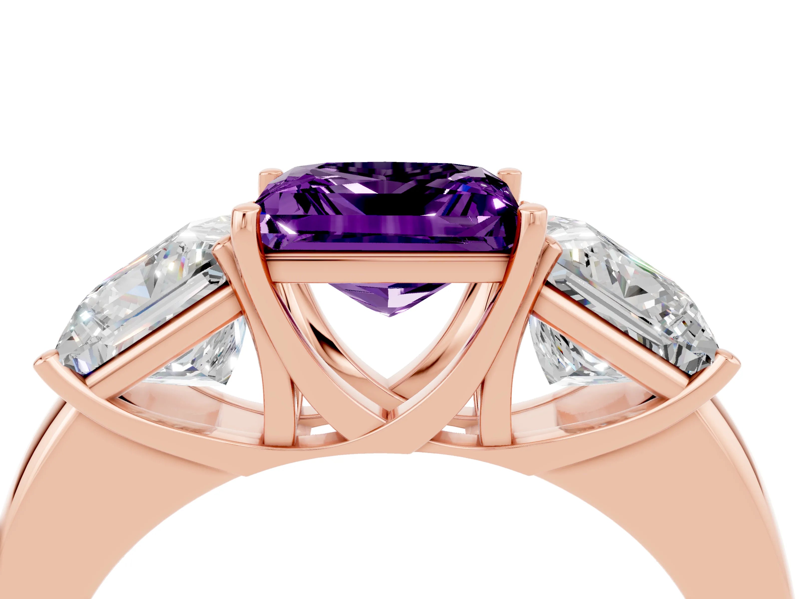 Rose gold Princess Cut Amethyst Three-Stone Ring with Four-Prong Setting and Classic Band_4