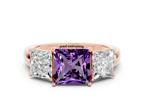 Rose gold Princess Cut Amethyst Three-Stone Ring with Four-Prong Setting and Classic Band