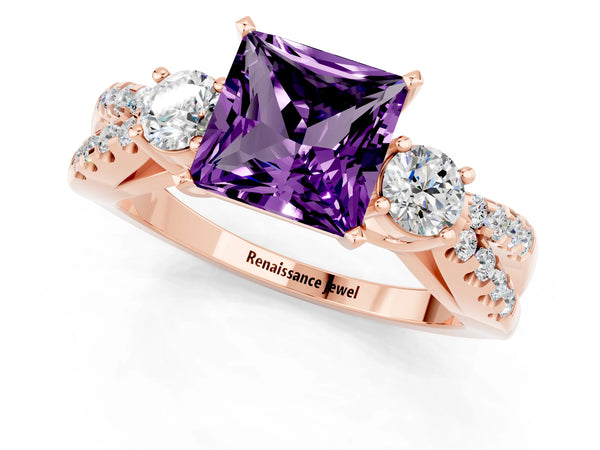 Rose gold Princess Cut Amethyst Three-Stone Ring with Pavé Split Shank and Four-Prong Setting