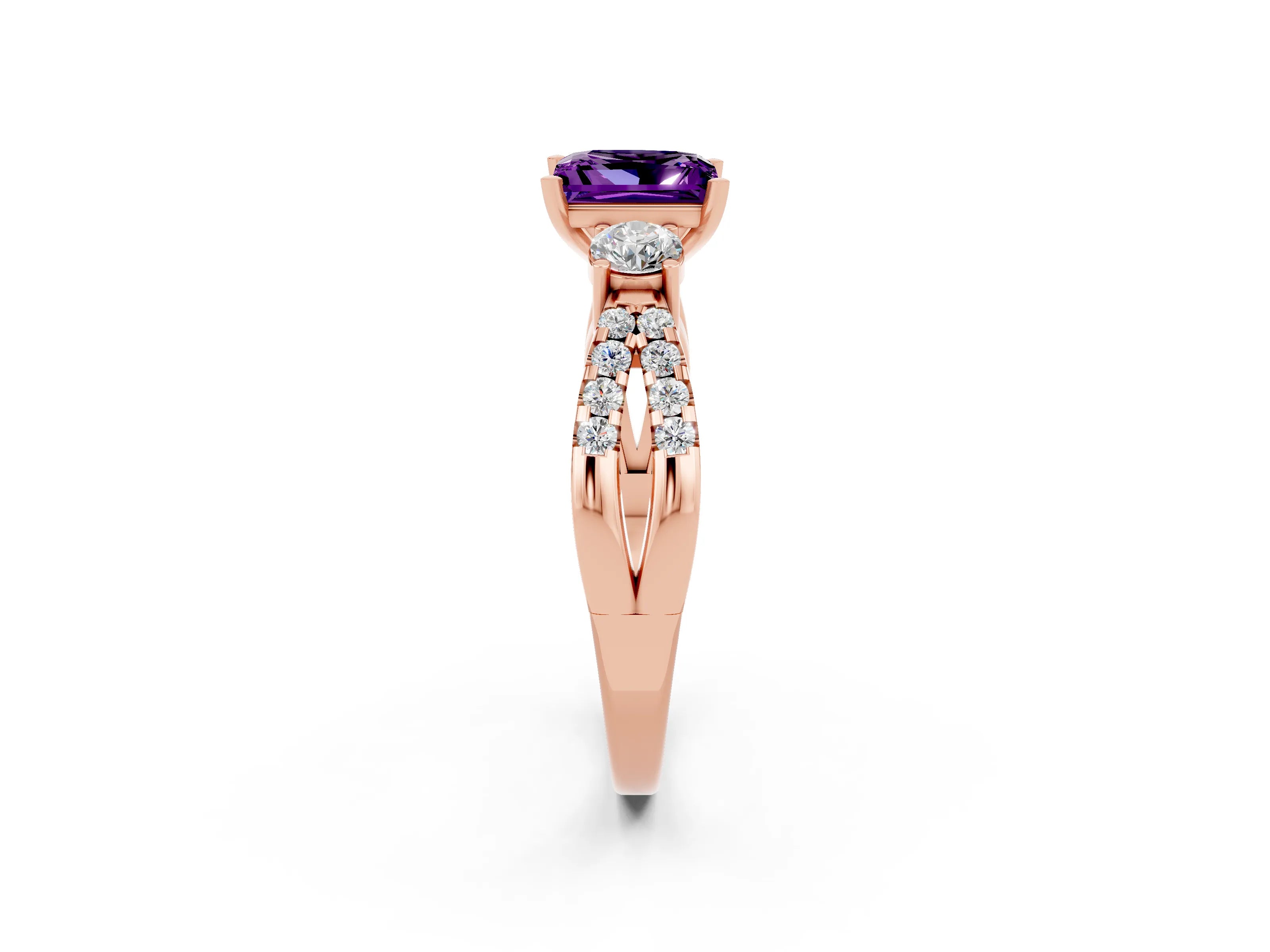 Rose gold Princess Cut Amethyst Three-Stone Ring with Pavé Split Shank and Four-Prong Setting_2