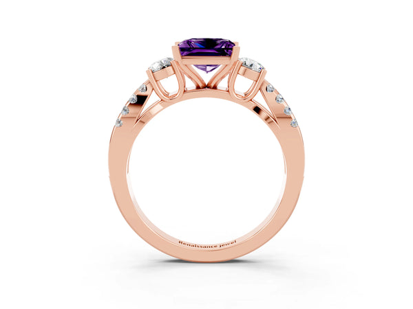 Rose gold Princess Cut Amethyst Three-Stone Ring with Pavé Split Shank and Four-Prong Setting