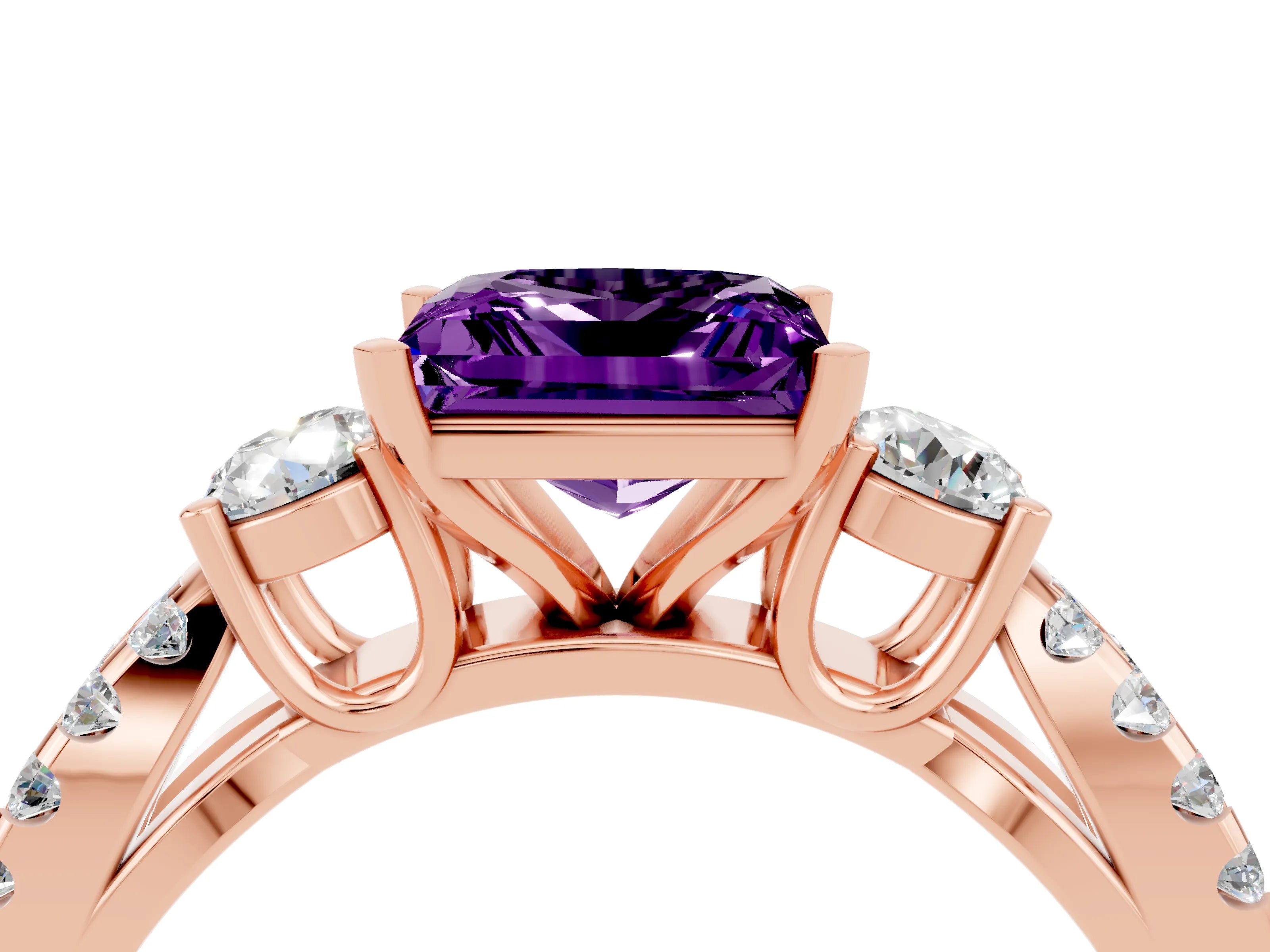 Rose gold Princess Cut Amethyst Three-Stone Ring with Pavé Split Shank and Four-Prong Setting_4