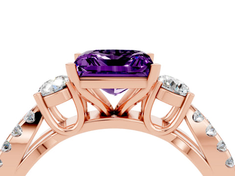 Rose gold Princess Cut Amethyst Three-Stone Ring with Pavé Split Shank and Four-Prong Setting_4