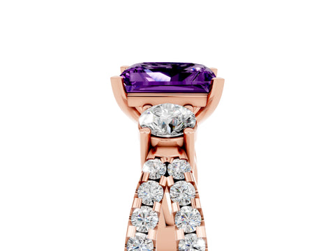 Rose gold Princess Cut Amethyst Three-Stone Ring with Pavé Split Shank and Four-Prong Setting_5