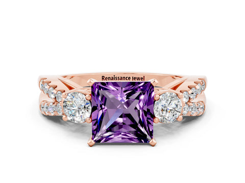 Rose gold Princess Cut Amethyst Three-Stone Ring with Pavé Split Shank and Four-Prong Setting