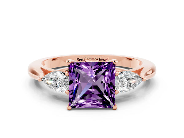Rose gold Princess Cut Amethyst Three-Stone Ring with Pear Side Stones and Prong Setting