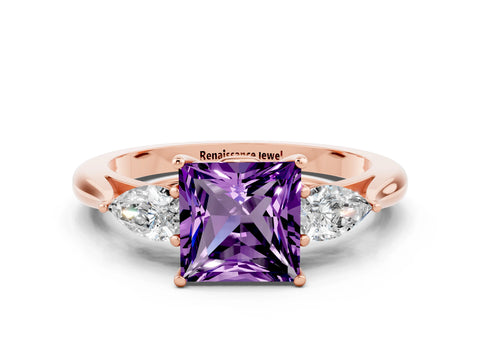 Rose gold Princess Cut Amethyst Three-Stone Ring with Pear Side Stones and Four-Prong Setting_12