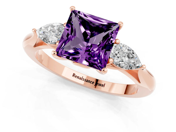 Rose gold Princess Cut Amethyst Three-Stone Ring with Pear Side Stones and Prong Setting