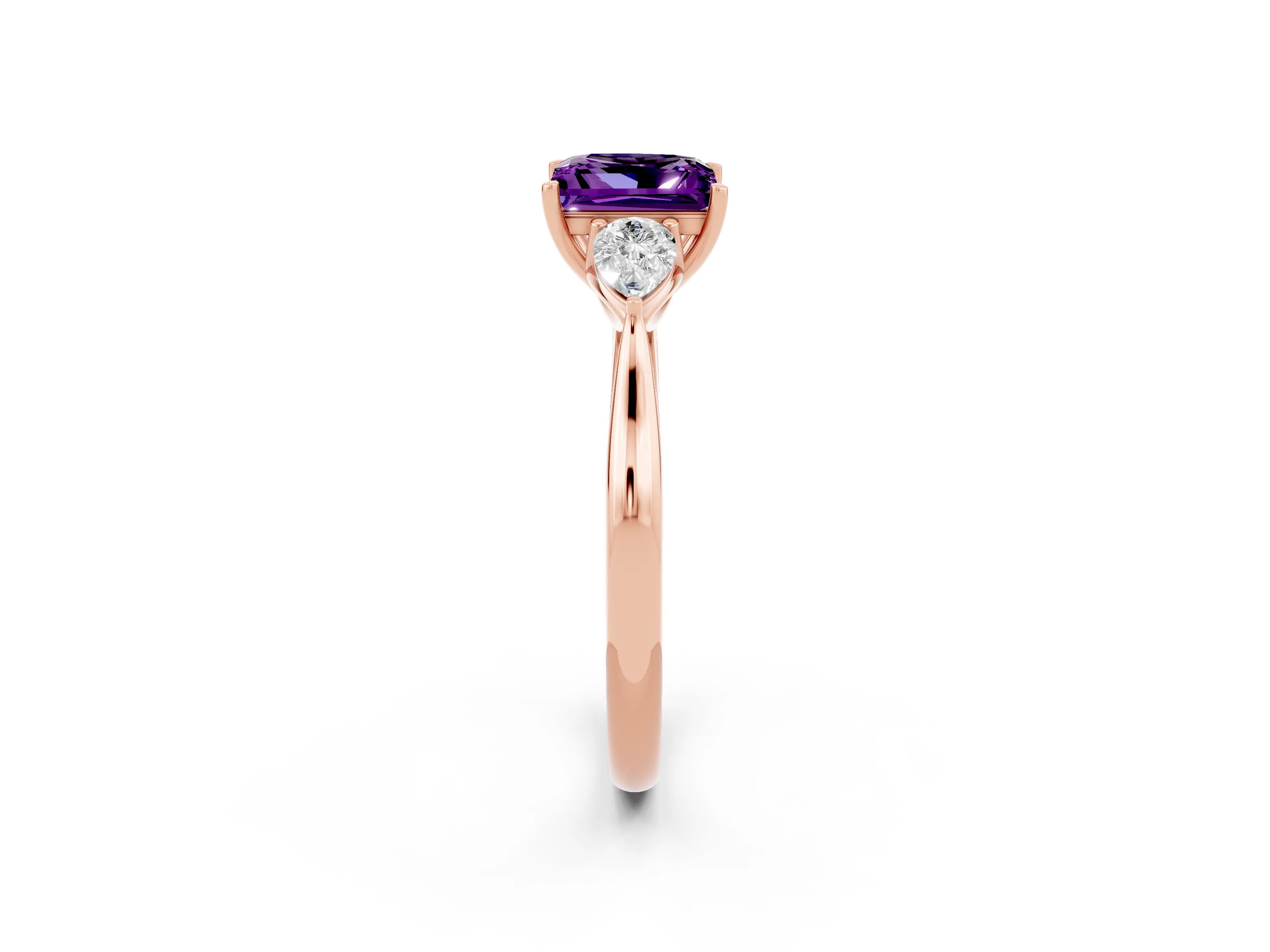 Rose gold Princess Cut Amethyst Three-Stone Ring with Pear Side Stones and Four-Prong Setting_14