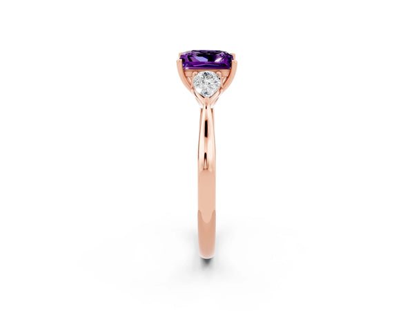 Rose gold Princess Cut Amethyst Three-Stone Ring with Pear Side Stones and Prong Setting