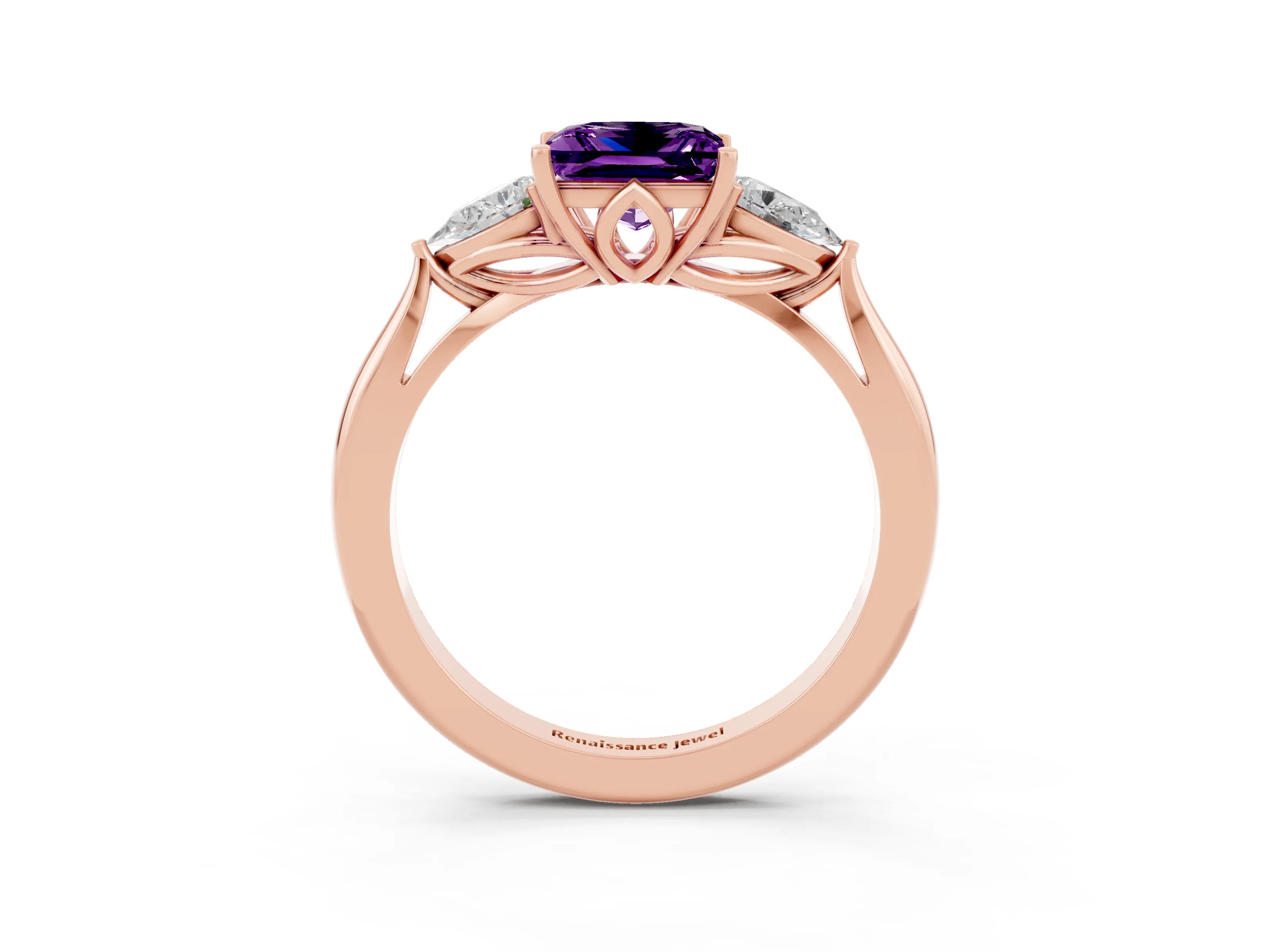Rose gold Princess Cut Amethyst Three-Stone Ring with Pear Side Stones and Four-Prong Setting_15