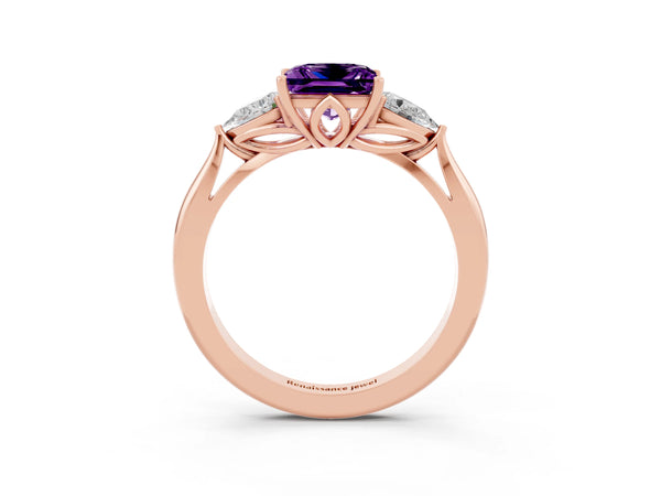 Rose gold Princess Cut Amethyst Three-Stone Ring with Pear Side Stones and Prong Setting