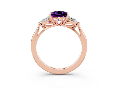 Rose gold Princess Cut Amethyst Three-Stone Ring with Pear Side Stones and Four-Prong Setting_15