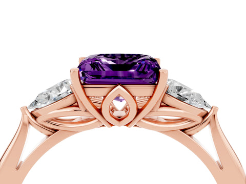 Rose gold Princess Cut Amethyst Three-Stone Ring with Pear Side Stones and Four-Prong Setting_16
