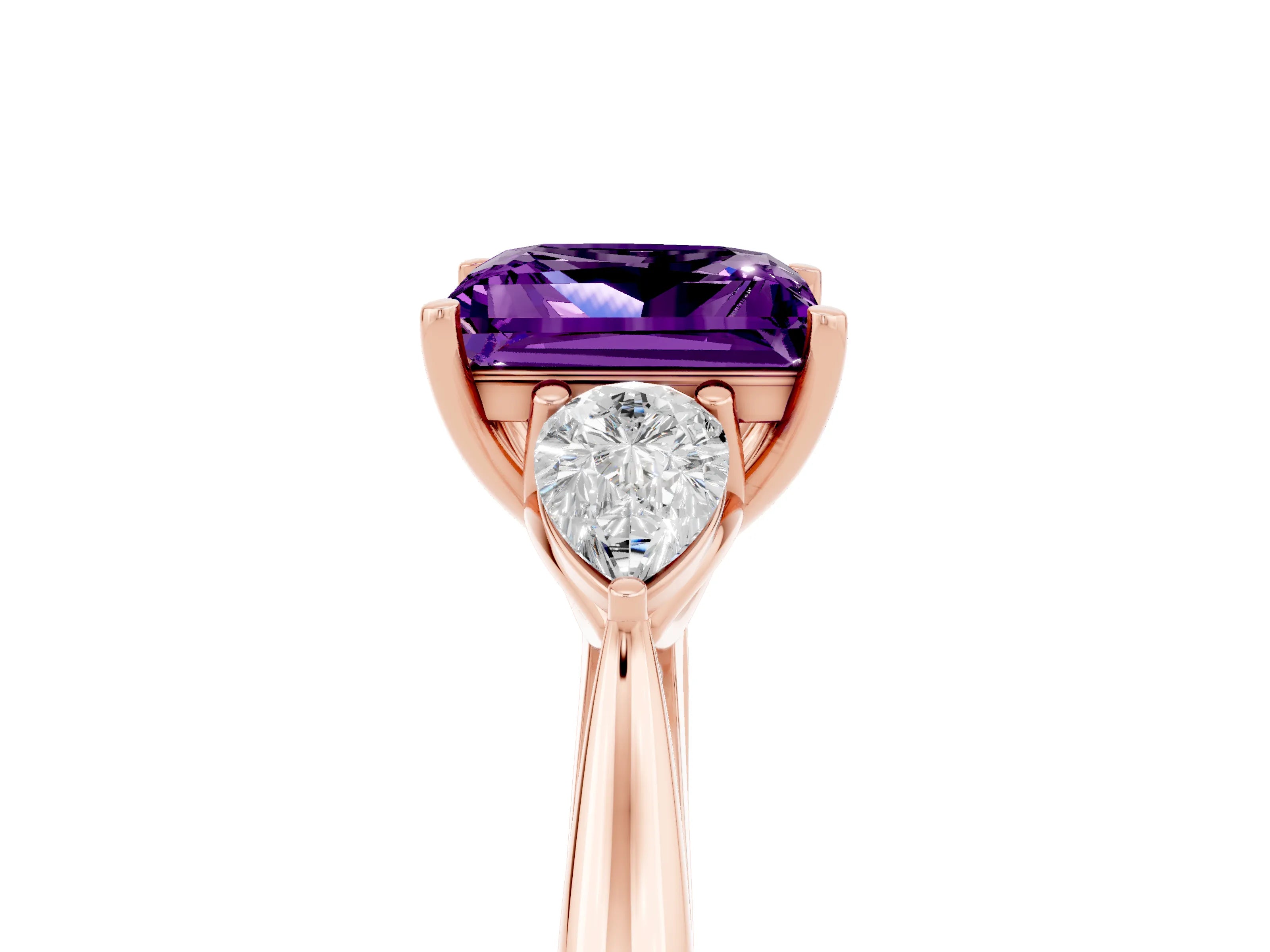 Rose gold Princess Cut Amethyst Three-Stone Ring with Pear Side Stones and Four-Prong Setting_17