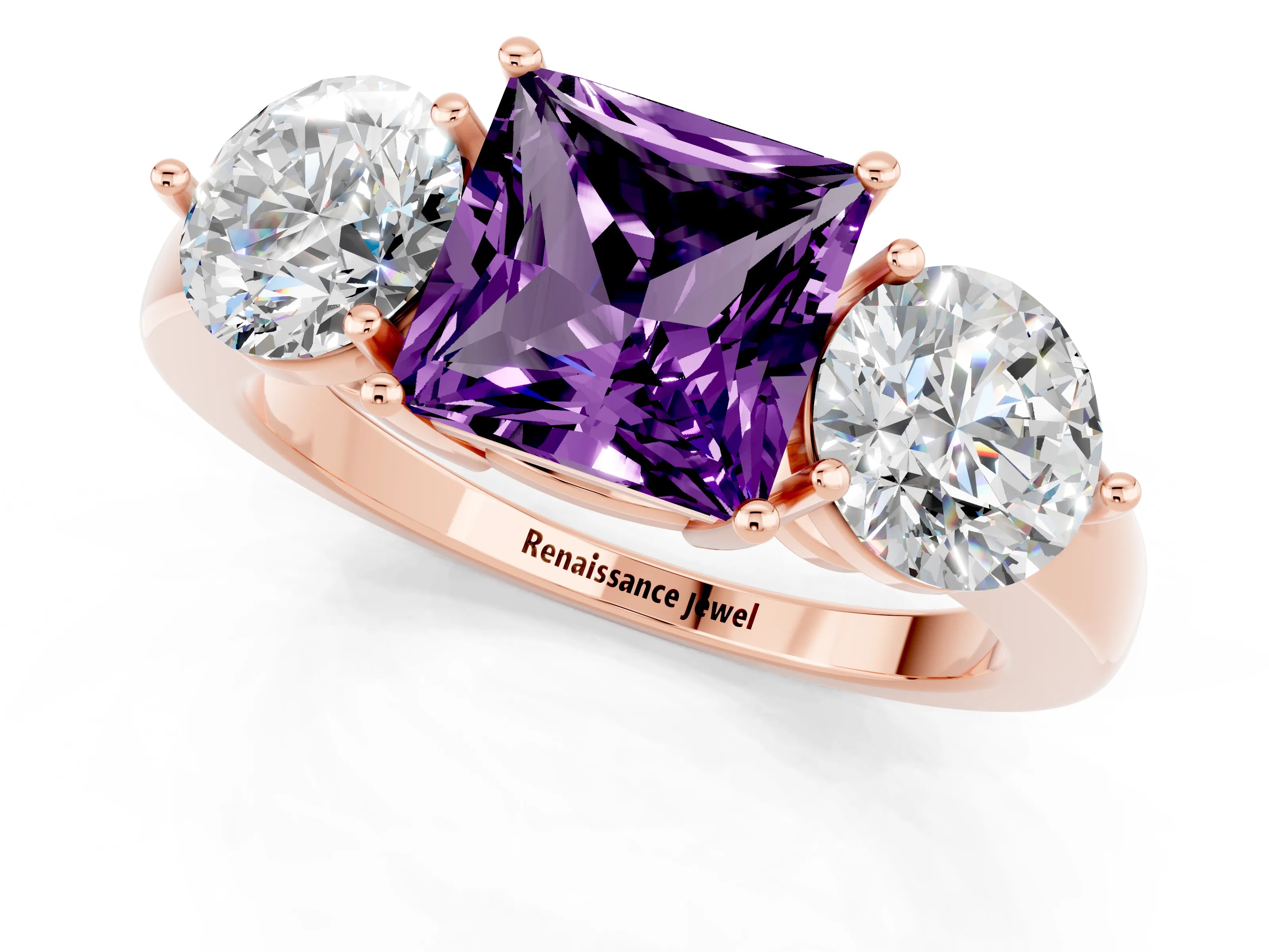Rose gold Princess Cut Amethyst Three-Stone Ring with Prong Setting and Classic Band_1
