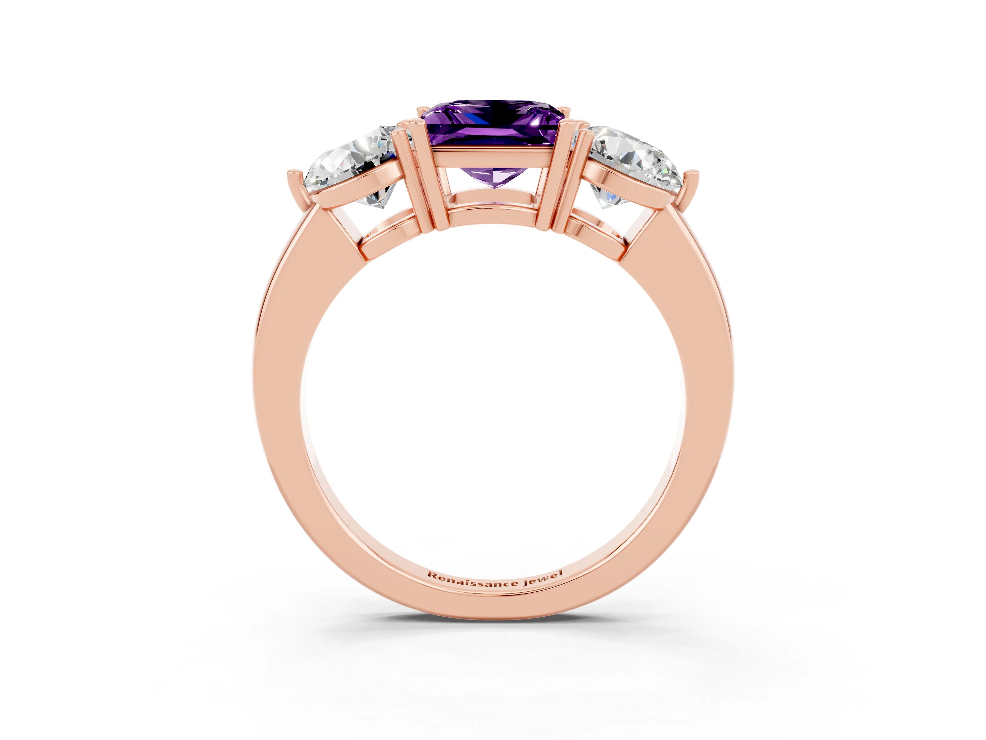Rose gold Princess Cut Amethyst Three-Stone Ring with Prong Setting and Classic Band_3