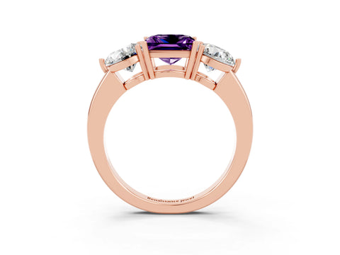 Rose gold Princess Cut Amethyst Three-Stone Ring with Prong Setting and Classic Band_3