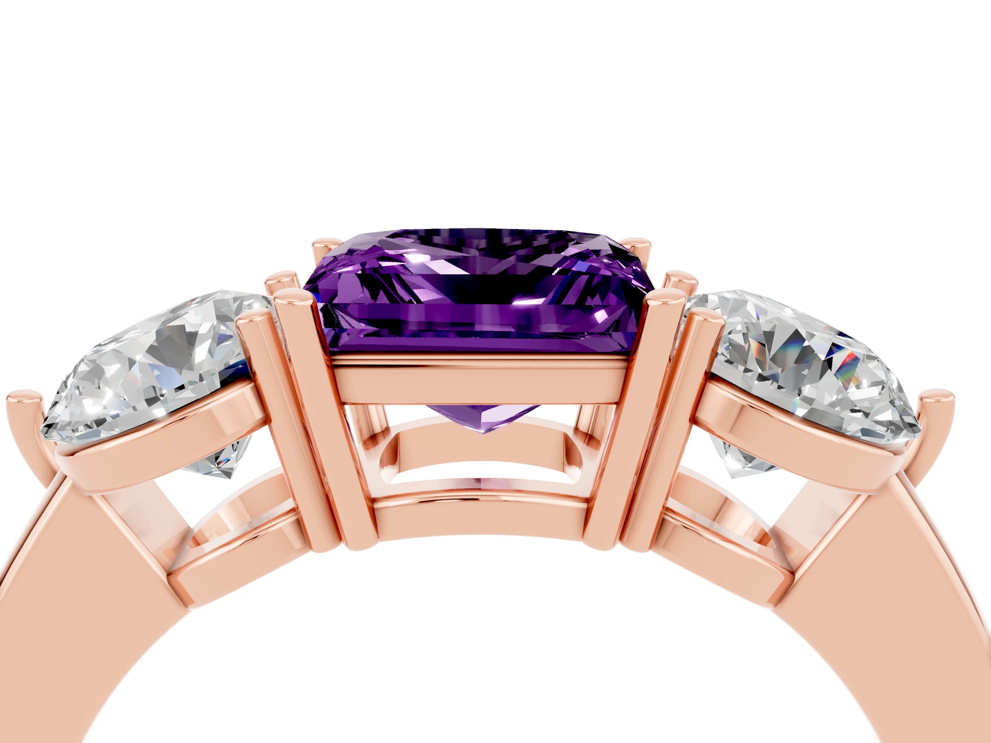 Rose gold Princess Cut Amethyst Three-Stone Ring with Prong Setting and Classic Band_4