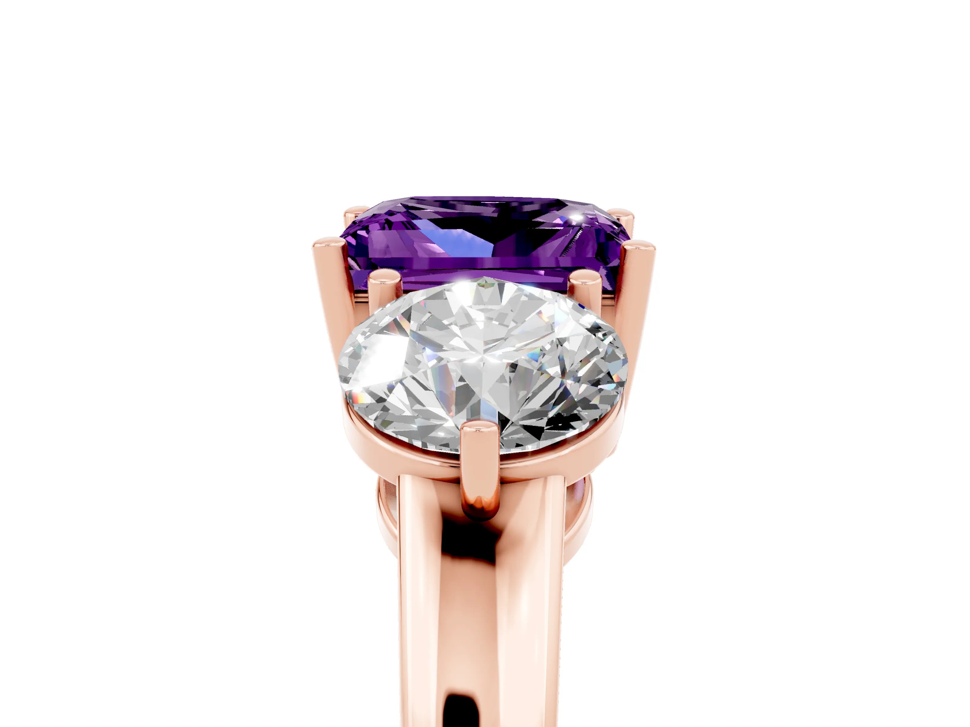 Rose gold Princess Cut Amethyst Three-Stone Ring with Prong Setting and Classic Band_5