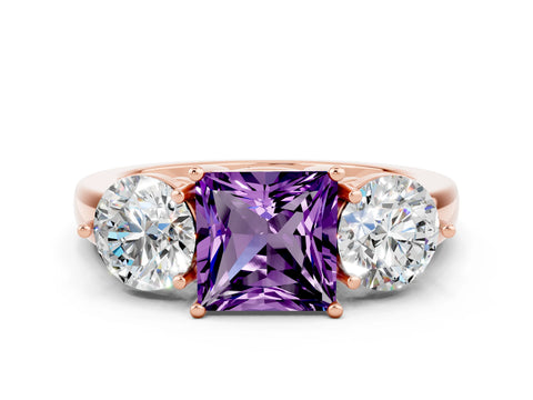 Rose gold Princess Cut Amethyst Three-Stone Ring with Prong Setting and Classic Band