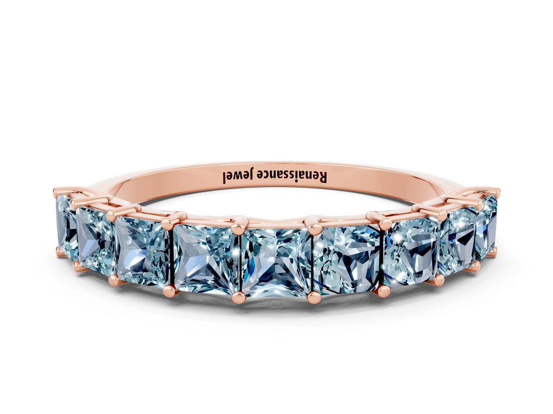 Rose gold Princess Cut Aquamarine Channel-Set Eternity Band with Prong Setting_6
