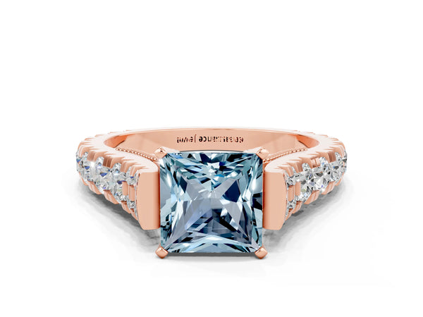 Rose gold Princess Cut Aquamarine Classic Solitaire Ring with Pavé Band and Four-Prong Setting