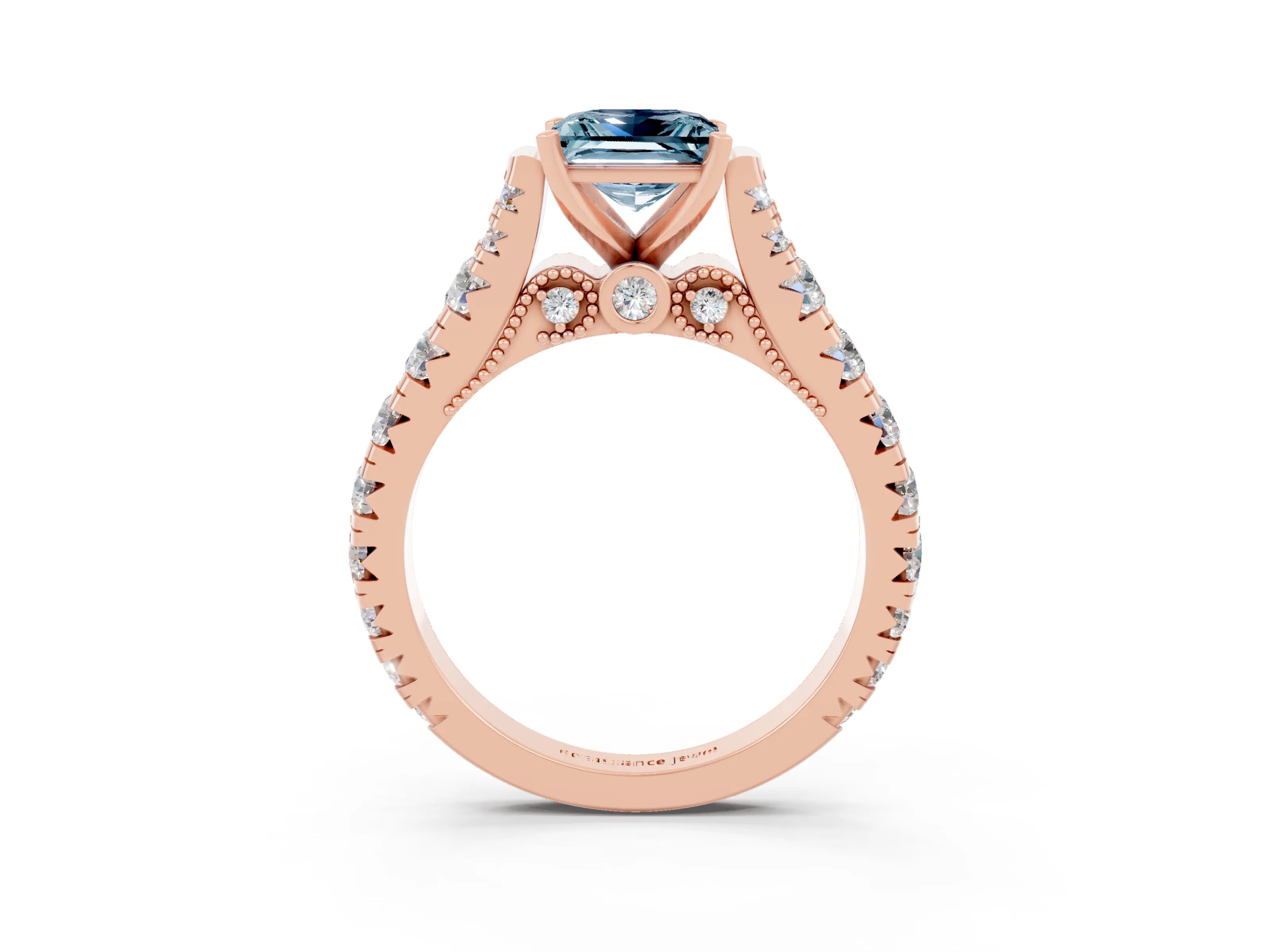Rose gold Princess Cut Aquamarine Classic Solitaire Ring with Pavé Band and Four-Prong Setting_3