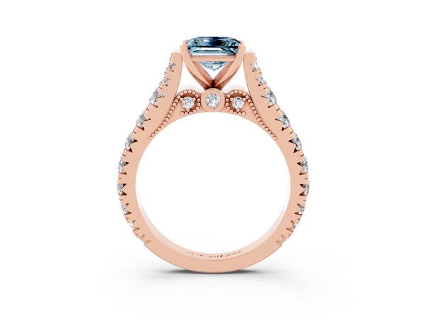 Rose gold Princess Cut Aquamarine Classic Solitaire Ring with Pavé Band and Four-Prong Setting