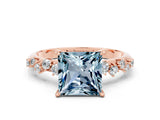 Rose gold Princess Cut Aquamarine Cluster Side Stone Solitaire Ring with Prong Setting_24