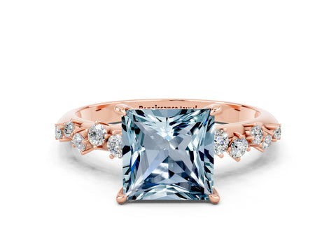 Rose gold Princess Cut Aquamarine Cluster Side Stone Solitaire Ring with Prong Setting_24