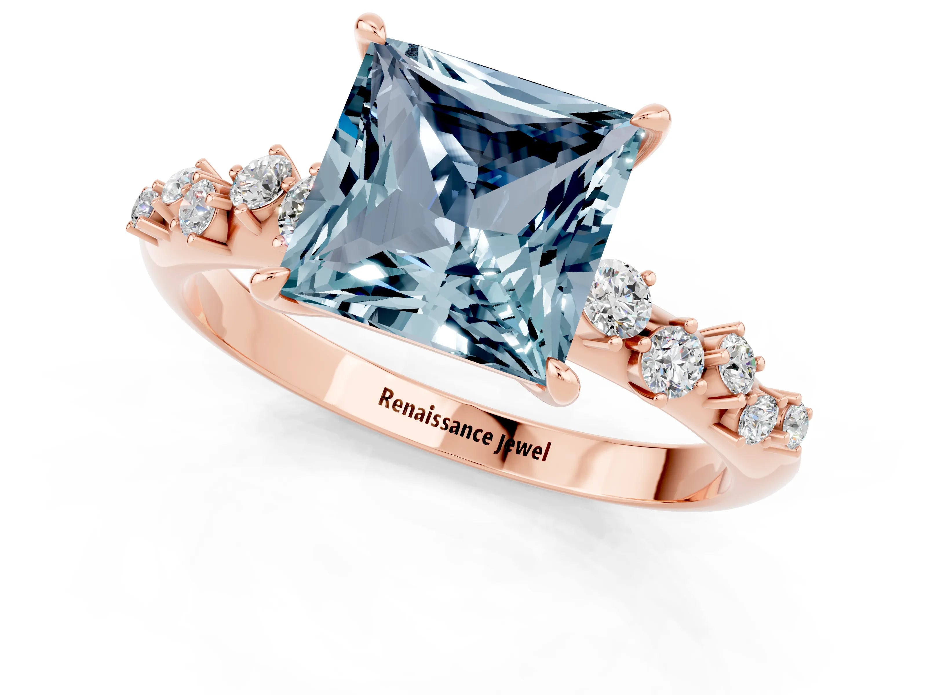 Rose gold Princess Cut Aquamarine Cluster Side Stone Solitaire Ring with Prong Setting_25