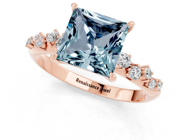 Rose gold Princess Cut Aquamarine Cluster Side Stone Solitaire Ring with Prong Setting