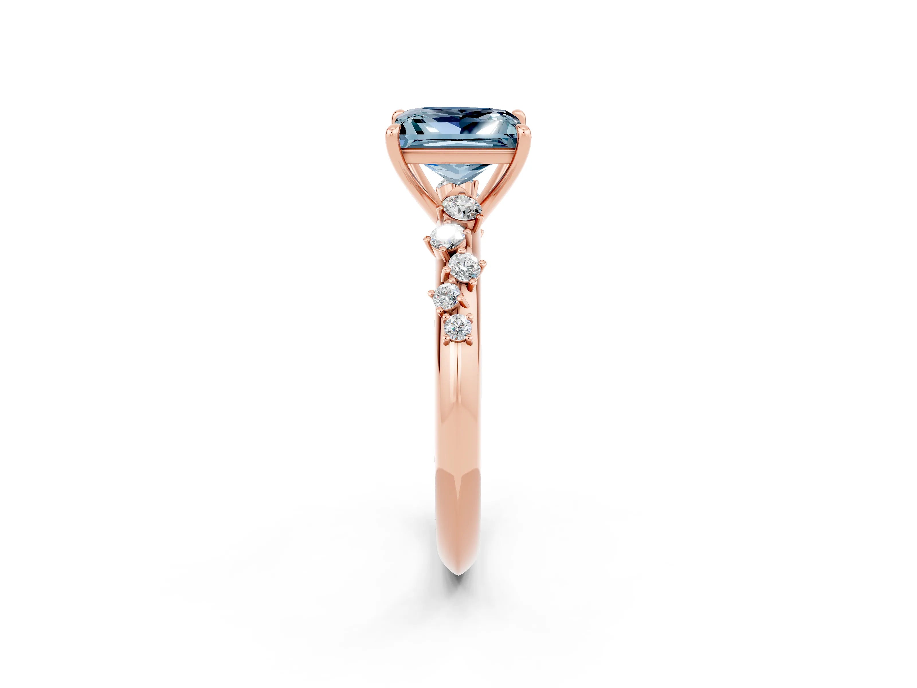 Rose gold Princess Cut Aquamarine Cluster Side Stone Solitaire Ring with Prong Setting_26