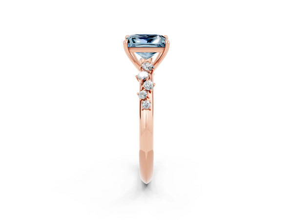 Rose gold Princess Cut Aquamarine Cluster Side Stone Solitaire Ring with Prong Setting