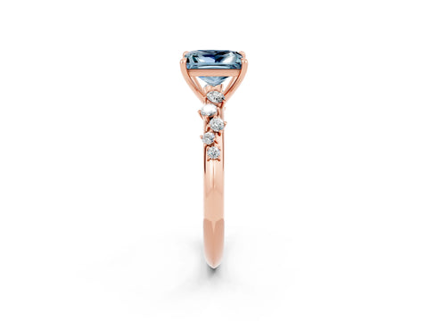 Rose gold Princess Cut Aquamarine Cluster Side Stone Solitaire Ring with Prong Setting_26