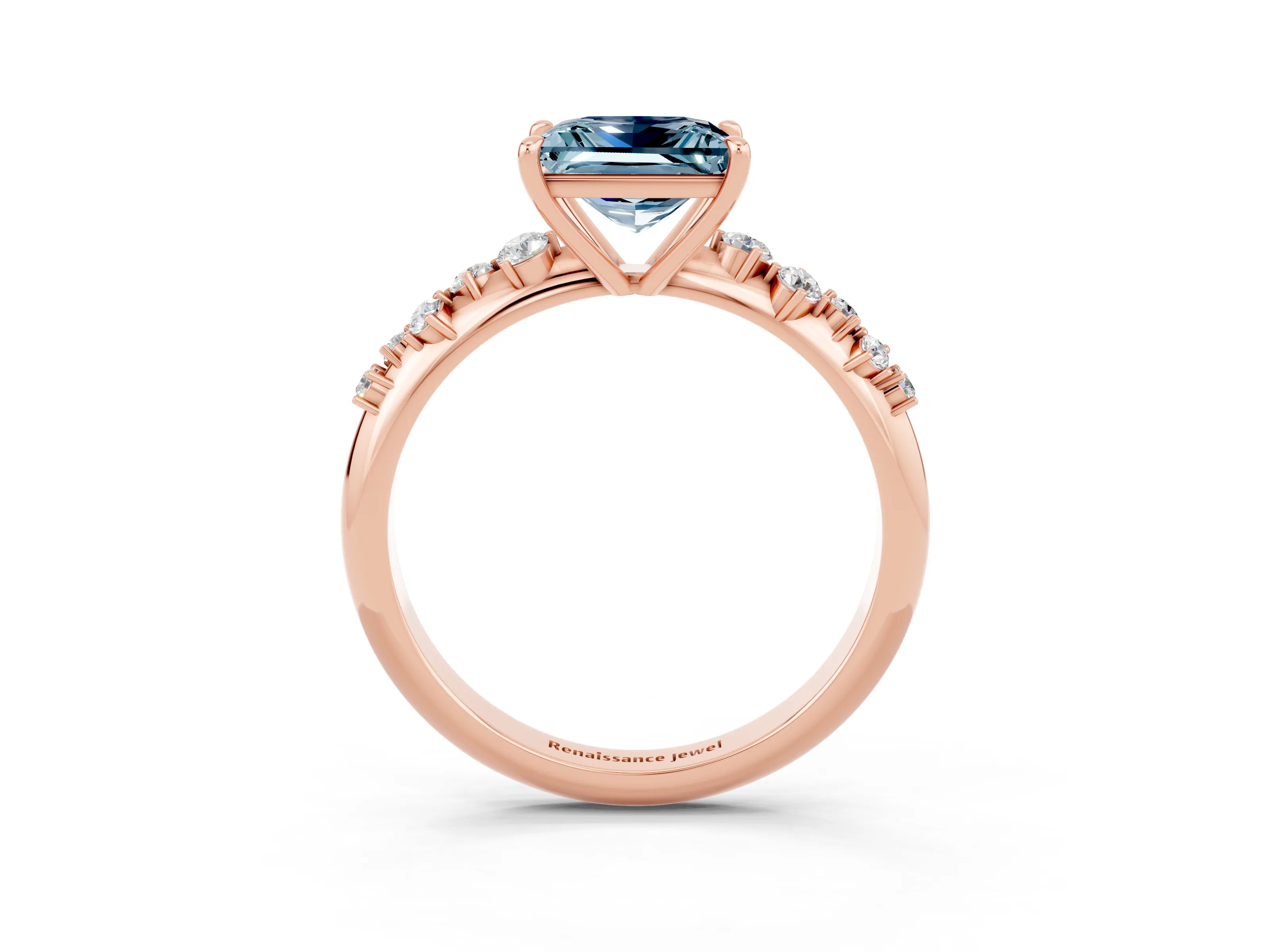 Rose gold Princess Cut Aquamarine Cluster Side Stone Solitaire Ring with Prong Setting_27