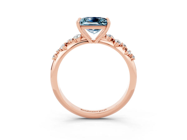 Rose gold Princess Cut Aquamarine Cluster Side Stone Solitaire Ring with Prong Setting