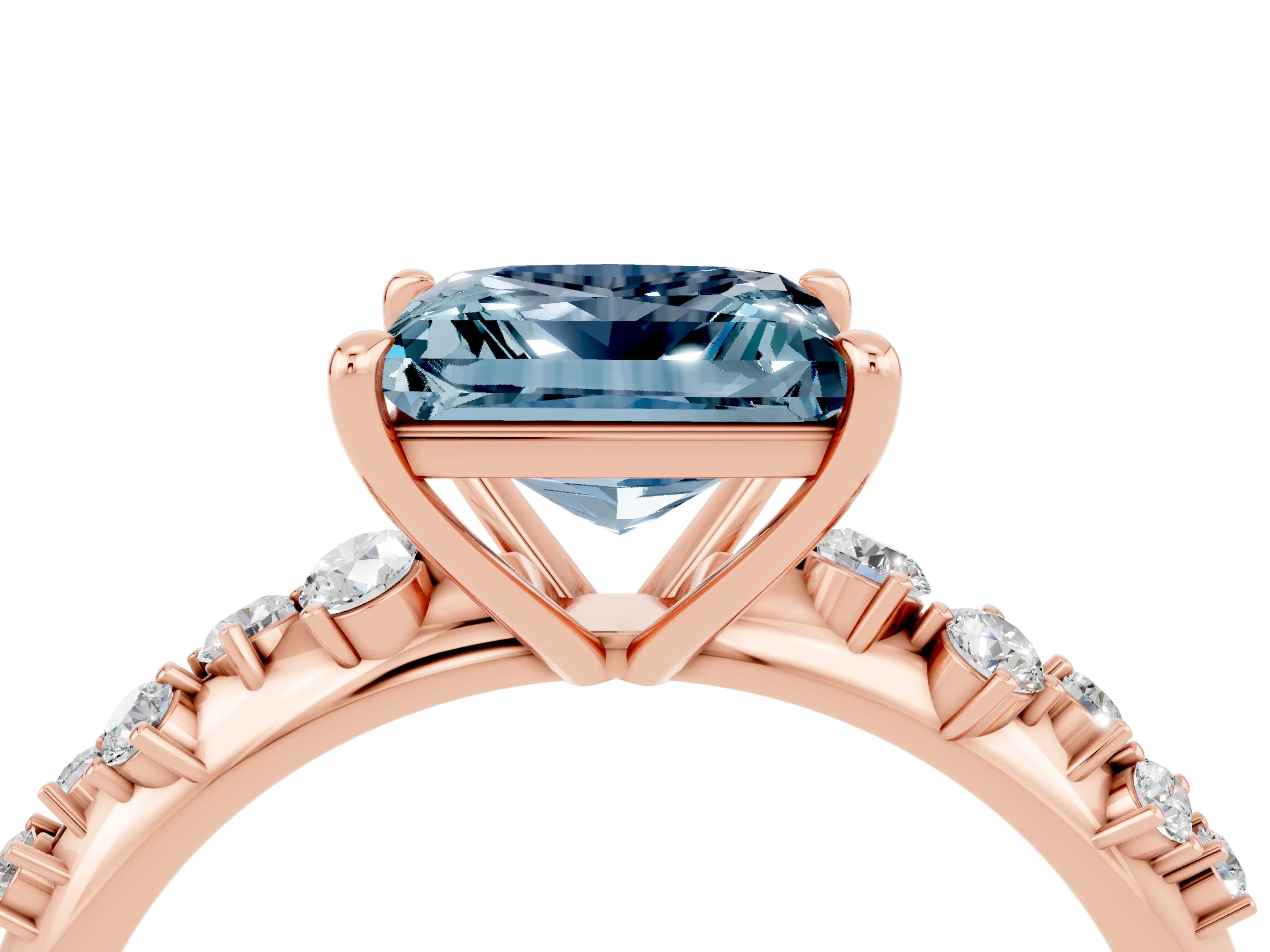 Rose gold Princess Cut Aquamarine Cluster Side Stone Solitaire Ring with Prong Setting_28