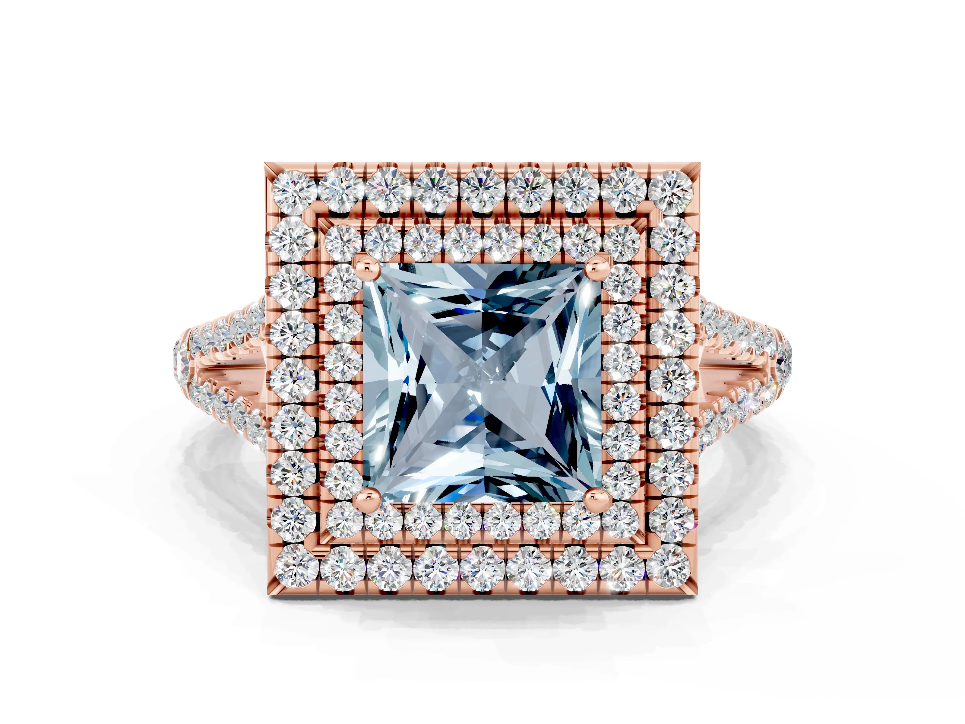 Rose gold Princess Cut Aquamarine Double Halo Ring with Pavé Band and Prong Setting_12