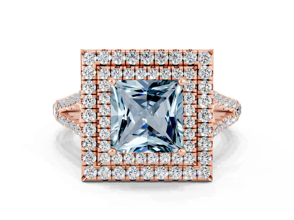Rose gold Princess Cut Aquamarine Double Halo Ring with Pavé Band and Prong Setting