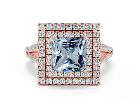 Rose gold Princess Cut Aquamarine Double Halo Ring with Pavé Band and Prong Setting_12
