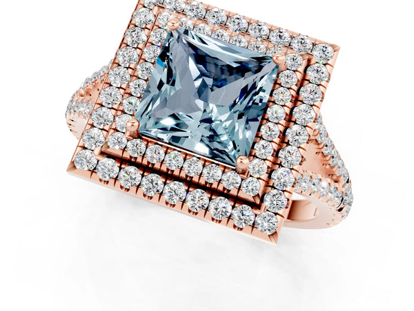 Rose gold Princess Cut Aquamarine Double Halo Ring with Pavé Band and Prong Setting