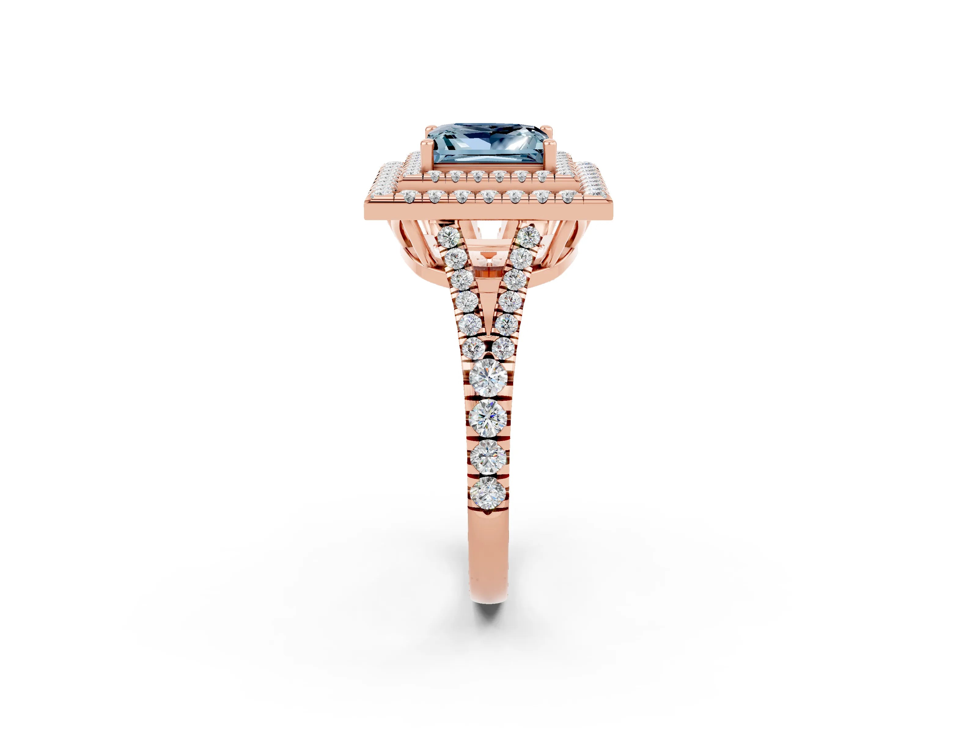 Rose gold Princess Cut Aquamarine Double Halo Ring with Pavé Band and Prong Setting_14