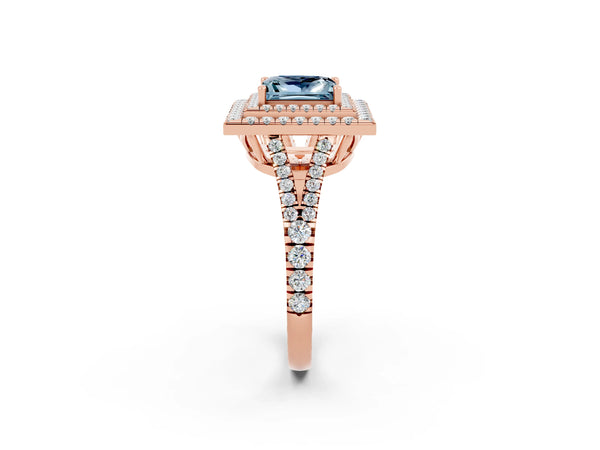 Rose gold Princess Cut Aquamarine Double Halo Ring with Pavé Band and Prong Setting